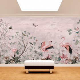 Wallpaper or mural vintage type drawing flowers plants and birds with flamingos