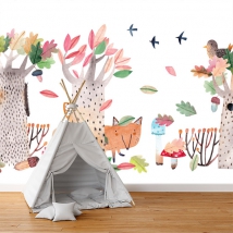 Wallpaper or wall mural watercolor children's drawing of forest and animals