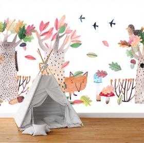 Wallpaper or wall mural watercolor children's drawing of forest and animals