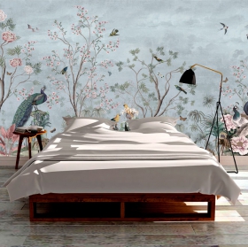 Wallpaper or mural classic illustration flowers cranes and peacock