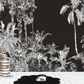 Wall mural or wallpaper monotone tropical jungle drawing with feline