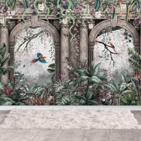 Wall mural or wallpaper ruins in the jungle with macaws birds plants and flowers