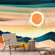 Wall mural or wallpaper painting landscape mountains and modern golden sun
