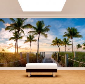 Wall mural or wallpaper landscape access to caribbean beach with palm trees sunset