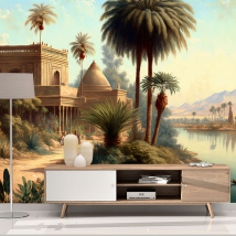 Wall mural or wallpaper drawing oriental palace on the banks of the river palm trees