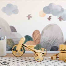 Wall mural or wallpaper children's illustration mountains and birds watercolor