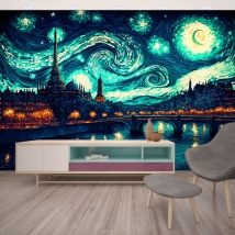 Carta da parati o pittura murale profilo della notte stellata in stile parigi van gogh