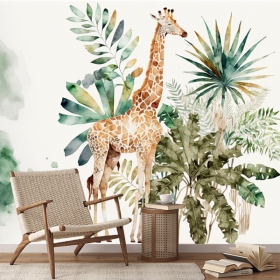 Wallpaper or mural watercolor painting giraffe and plants