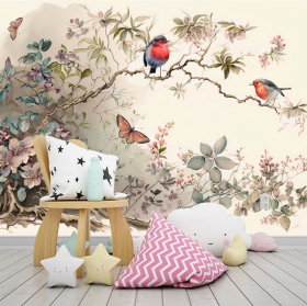 Wallpaper or mural watercolor drawing birds butterflies and wild flowers