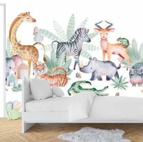 Wallpaper or mural watercolor illustration baby animals for children