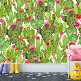 Wall mural or wallpaper drawing cactus pattern watercolor childish youthful modern