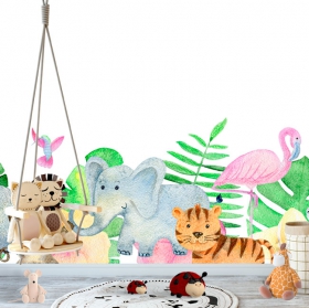 Wall mural or wallpaper children's drawing animals free friends