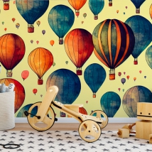 Wallpaper or mural children's drawing of hot air balloons