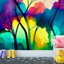 Wallpaper or mural watercolor drawing colorful trees for modern youth