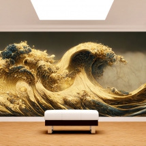 Wallpaper or mural illustration of golden 3d style waves