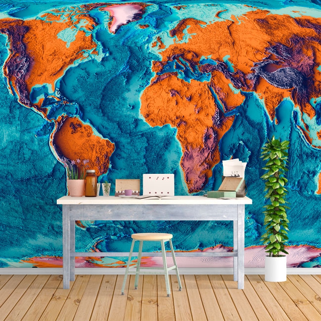 Wallpaper or mural world map 3d topographic drawing