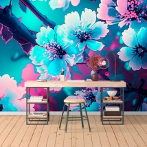 Wallpaper or wall mural illustration flowers tones of blue and pink modern youth