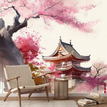 Wallpaper or mural japanese landscape drawing with temple in watercolor
