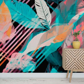 Wall mural or wallpaper children's youth illustration leaves with colorful diagonals